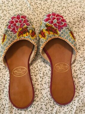 Asian Beaded Floral Slip-On Mules in Pink and Yellow